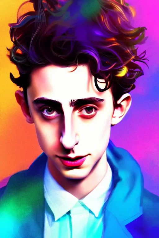 Prompt: a man looks like timothee chalamet, blurred environment background, colorful magic effects, white skin, portrait, male, clothed, sharp focus, digital art, concept art, trending on artstation, dynamic lighting, by emylie boivin and rossdraws