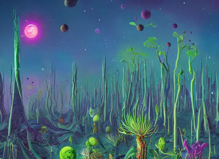 Prompt: a forest of alien plants and fungi, planets visible in the sky, award winning concept art, colorful, vibrant, surreal, from a science fiction book cover, trending on artstation