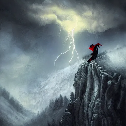 Image similar to dracula skiing down a mountain a night in a thunderstorm, digital art, highly detailed, epic composition, cinematic lightning