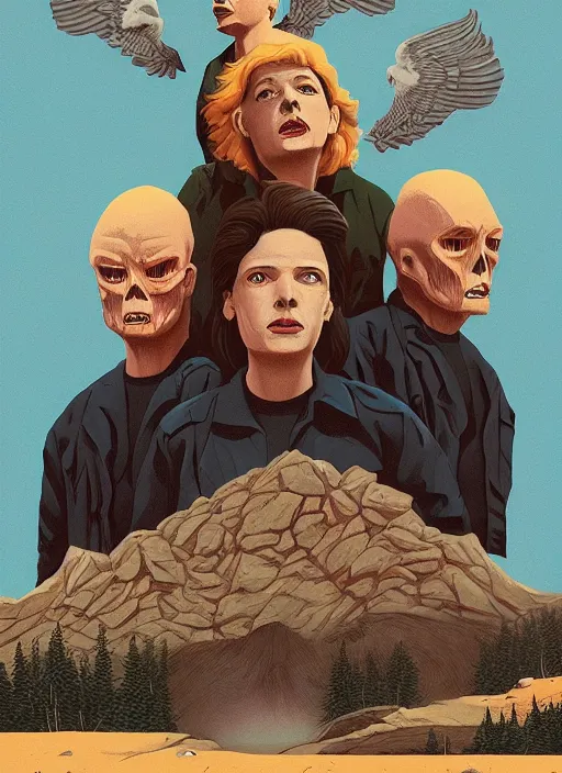 Image similar to Twin Peaks movie poster artwork by Michael Whelan and Tomer Hanuka, Rendering of the Goonies, from a scene from Twin Peaks, clean, full of detail, Matte painting, trending on artstation and unreal engine