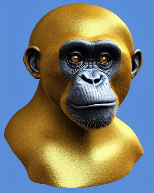 Image similar to gold, blue, head to shoulders illustration of a chimpanzee, 3 d, 8 k, extremely detailed, artstation