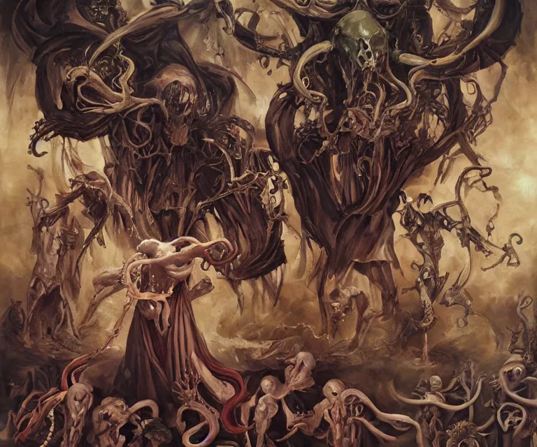 Image similar to elegant renaissance painting of sorceress final boss bodybuilder vecna battle, art by alex ross and peter mohrbacher, epic biblical depiction, flesh and bones, fangs, teths and tentacles, corpses and shadows!