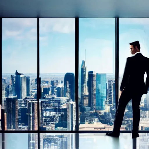 Prompt: still of cat in a suit looking out at the skyline from a penthouse suite, cinematic,