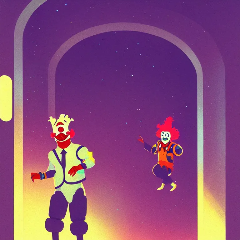 Prompt: A clown walking in the hallways of a space station, art by James Gilleard, James Gilleard artwork, vintage