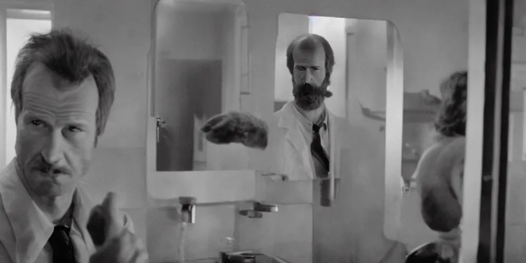 Prompt: ultra wide angle photo of young william hurt dressed as dr. eddie jessup, from altered states, looking at himself in a bathroom mirror and seeing his reflection as a hairy australopithecines like ape version of himself