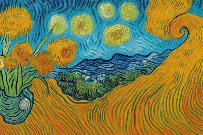 Image similar to a beautiful new piece of artwork by Vincent van Gogh, inspired by all of his previous works