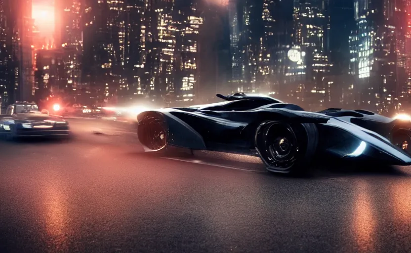 Prompt: A film still of the 2025 Batmobile driving through Gotham at night, 8k