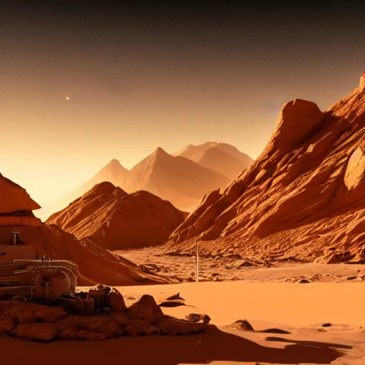 Image similar to a science outpost on mars with mountains in the background during sunset, landscape, photograph, realistic, photography, contrast, artstation, matte painting, concept art, unreal engine