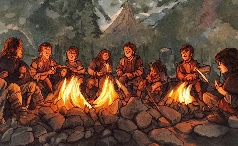 Prompt: childrens book illustration of the fellowship of the ring making s'mores around a campfire