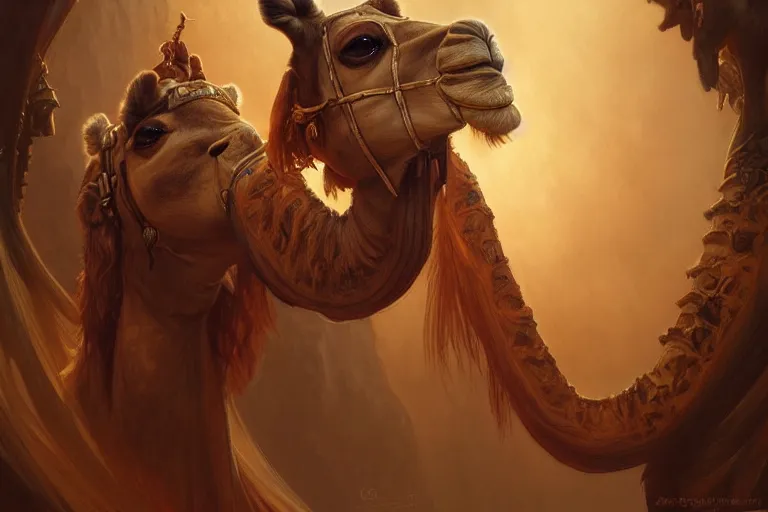 Image similar to triple headed camel, 1 0 0 1 night, deep focus, d & d, fantasy, intricate, elegant, highly detailed, digital painting, artstation, concept art, matte, sharp focus, illustration, hearthstone, art by artgerm and greg rutkowski and alphonse mucha