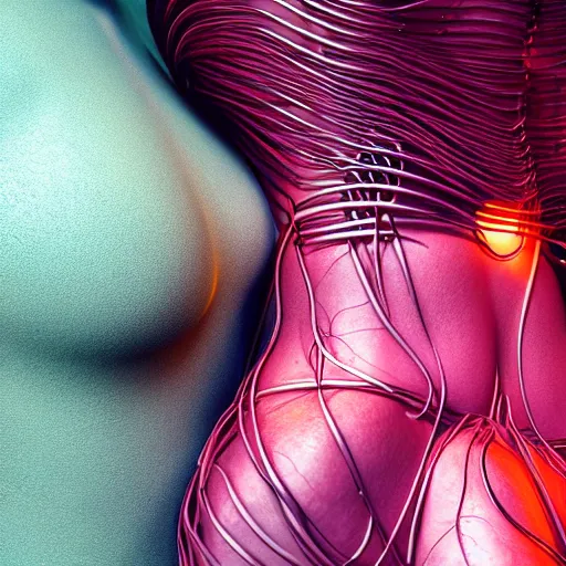 Prompt: close up of beautiful strange human bodies intertwined, torso, belly, skin, loving embrace, surrealism, wireframe, perfect topology, color gradients, atmospheric lighting, octane render, cinematic