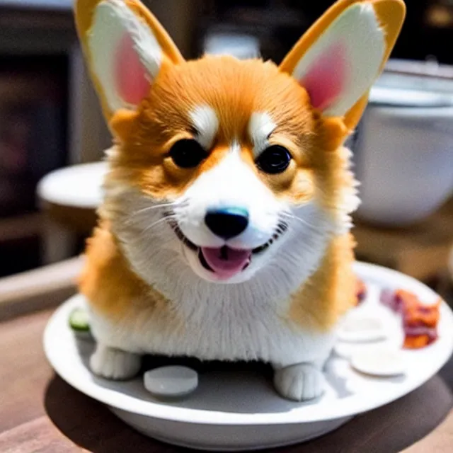 Image similar to a cute corgi lives in a house made of sushi