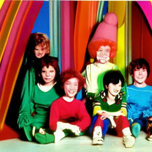 Image similar to still from 1983 children's tv show about humans in a colorful cult