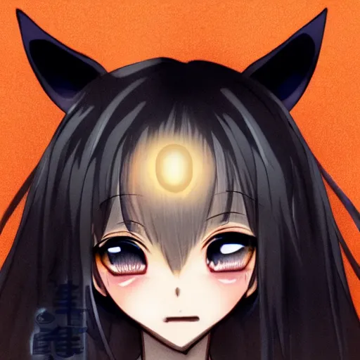 Image similar to cute anime girl with dark skin, black hair, wolf ears and glowing orange eyes