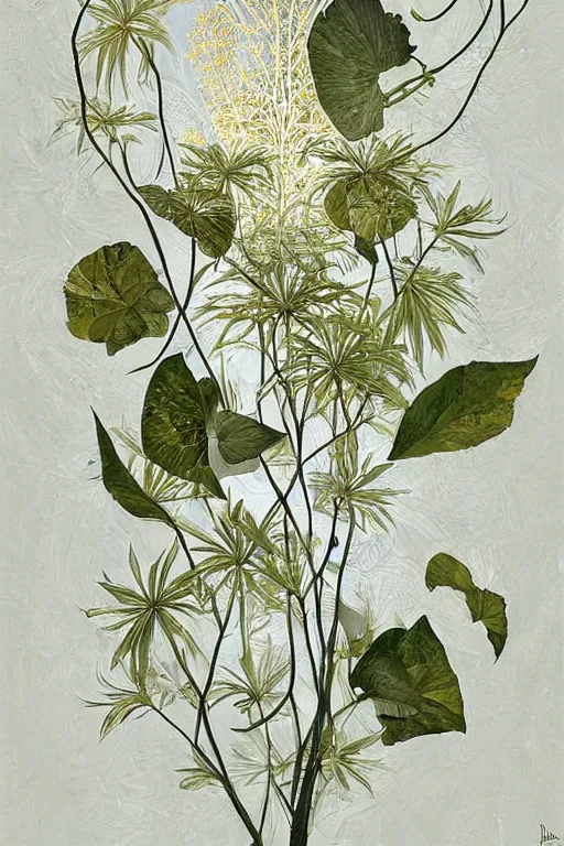 Image similar to herbarium page, highly detailed, ( fantasy plants ), cool white, thin gold details, centered composition, intricate digital painting by denis sarazhin, victo ngai