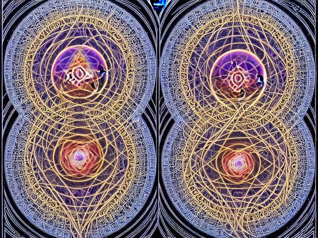 Prompt: neo surrealism, golden ratio, sacred geometry, metatron, art by ernst haeckel and daniel martin diaz and alex grey