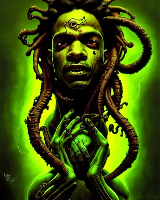 Image similar to lucio from overwatch, dreadlocks, frog like, character portrait, portrait, close up, concept art, intricate details, highly detailed, horror poster, horror, vintage horror art, realistic, terrifying, in the style of michael whelan, beksinski, and gustave dore