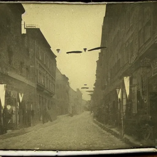 Image similar to grainy 1800s photo of a city street with flying machines above dropping incendiary bombs on it