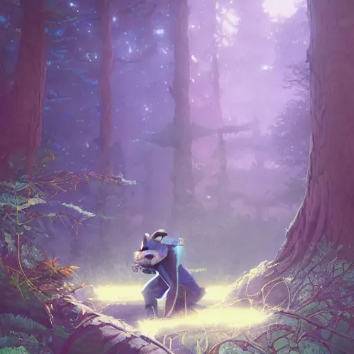 Prompt: racoon playing electric guitar in a forest, fantasy art by greg, loish, rhads, ferdinand knab, tom bagshaw, makoto shinkai and lois van baarle, rossdraws, ilya kuvshinov, night lighting, trending on studio ghibli, highly detailed, 8 k, octane render