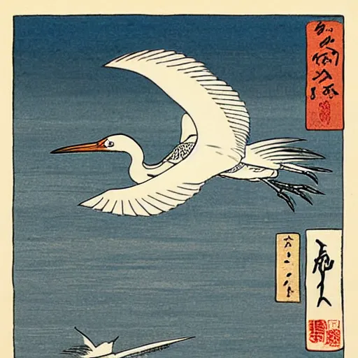 Prompt: a flying egret, traditional japanese tattoo illustration by hiroshige