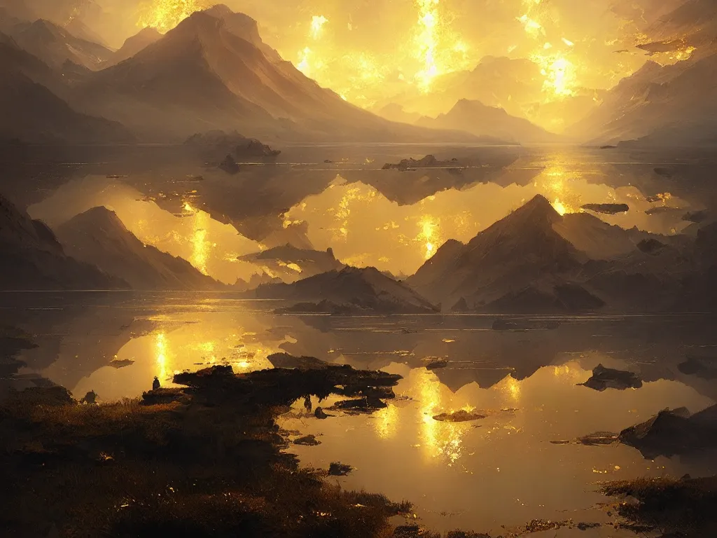 Image similar to A lake of pure gold, by Greg Rutkowski