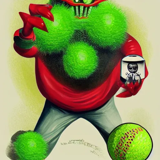 Prompt: a tennis ball monster with a big mustache, digital art, fantasy, magic, trending on artstation, ultra detailed, professional illustration by Basil Gogos