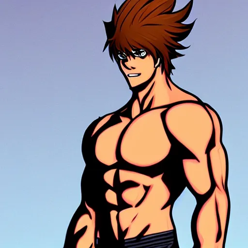 Image similar to well built man, rusty colored long hair, anime, high details,