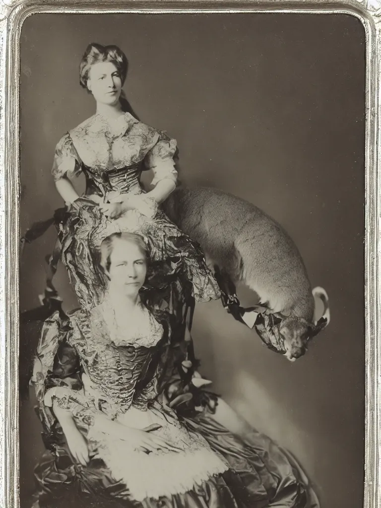 Image similar to portrait of a kangaroo dressed as a wealthy southern woman 1 8 5 0 s silver gelatin photo