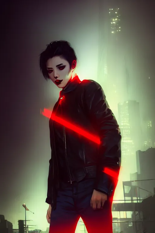 Prompt: 3 / 4 portrait, vampire of clan lasombra, shadows, night, fog, black eyes, leather jacket, red shirt, modern city background, neon signs, gold choker, piercings, artstation, ilya kuvshinov, william bouguereau, rossdraws, greg rutkowski, super detailed, realistic, octane render, volumetric, cinematic