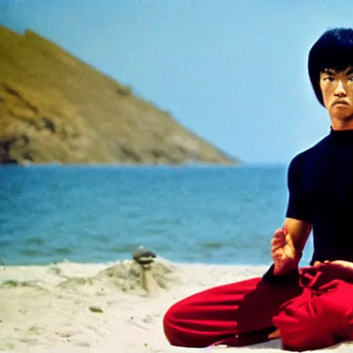 Image similar to bruce lee meditating on the beach