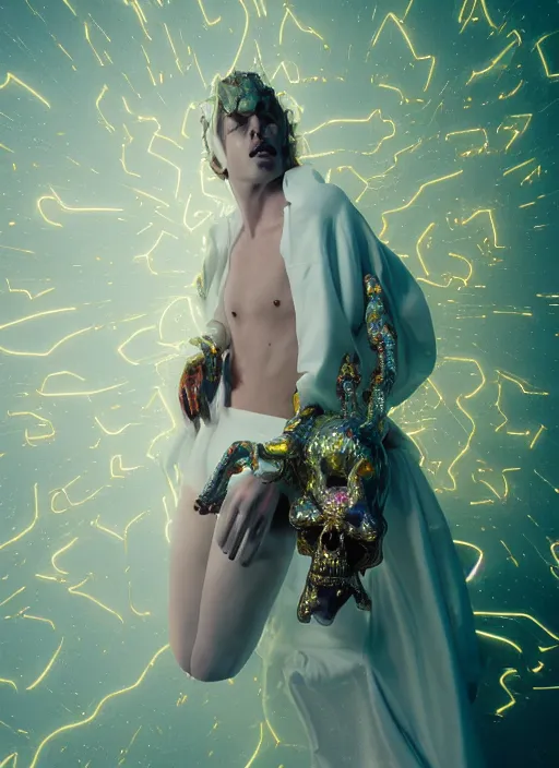 Prompt: photo of baroque and bladerunner delicate neon diamond sculpture of ceramic albino king santiago cabrera seductive delicious tongue out, creamy red iridescent humanoid deity wearing white puffy hoody holding diamond skull in a yellow metallic dungeon, reclining, glowing rainbow face, crown of white diamonds, cinematic lighting, photorealistic, octane render 8 k depth of field 3 d