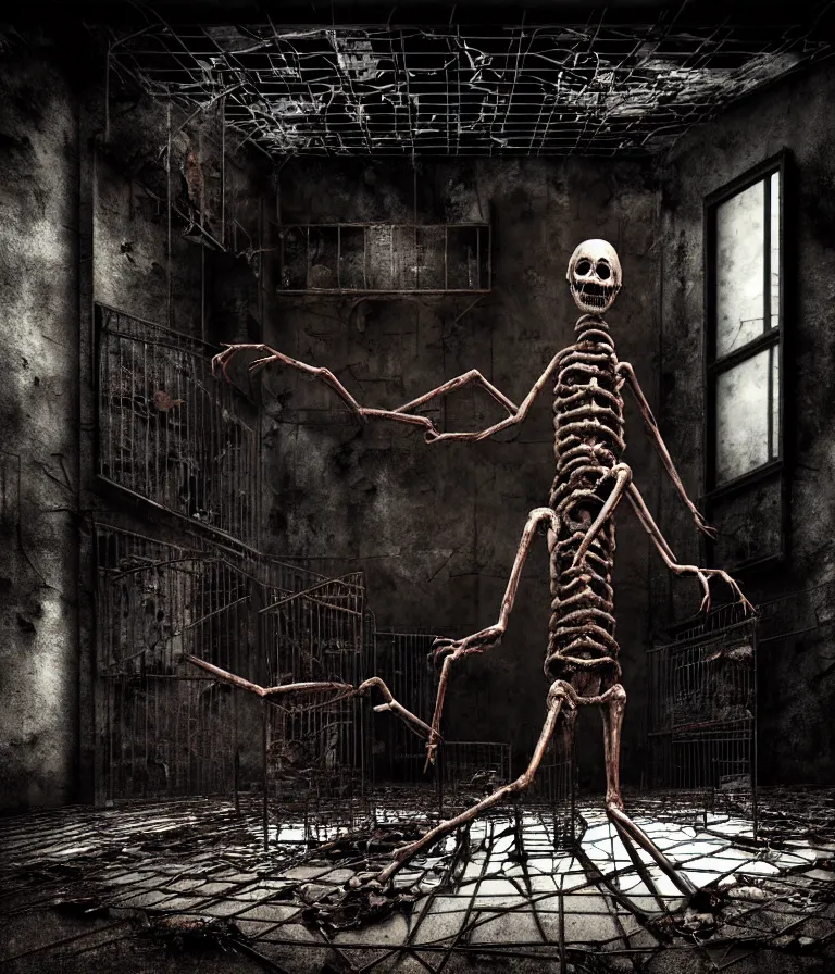 Image similar to Creepy huge suffering humanoid with long limbs sits on the floor and looks at the little old TV. An underground very dark gloomy multi-layered structure of rusty thick iron grates, dense chain-link fencing and peeling walls. Inside view, collapsed floors, bent rusted iron, masterpiece, black background, corners, cinematic, hyperdetailed, photorealistic, hyperrealism, octane render, 8k, depth of field, bokeh, architecture, shadows, art by Zdzisław Beksiński, Dariusz Zawadzki