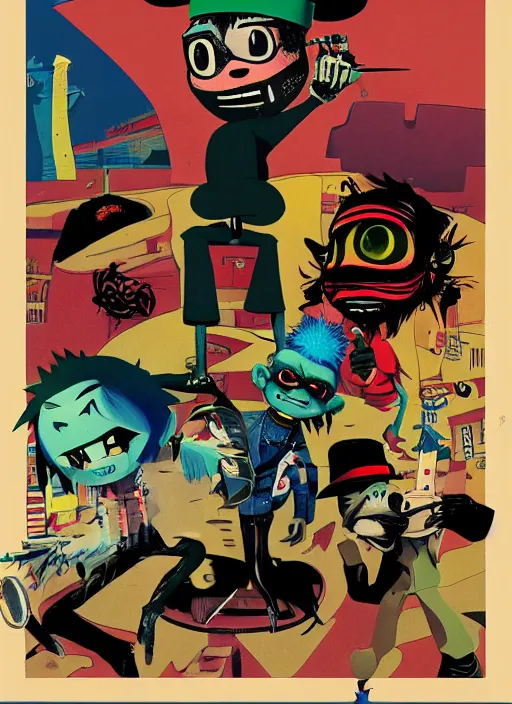 Image similar to gorillaz, official art by jamie hewlett, press shot, phase 2, four characters