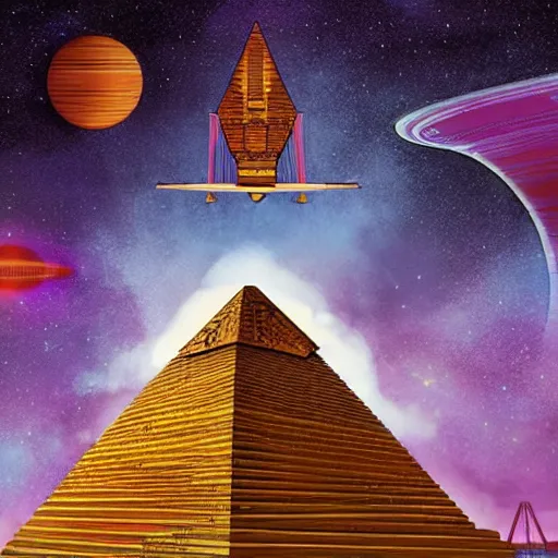 Image similar to an afrofuturist rendition of ancient pyramids launching into space