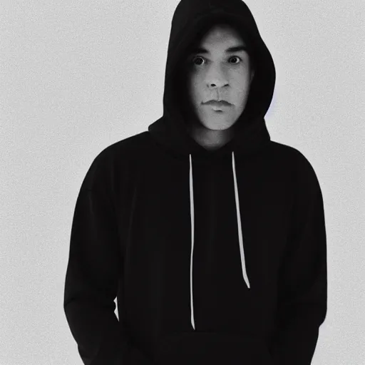 Image similar to a guy in a black hoodie in front of a plain white background, black and white