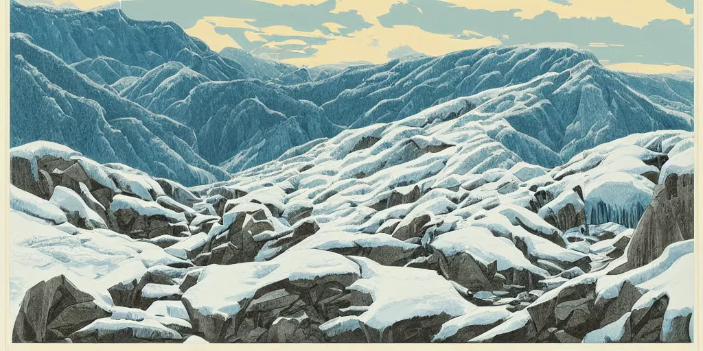 Image similar to beautiful idyllic poster illustration for a craggy barren icy snow valley national park by ludwig hohlwein