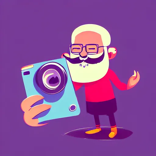 Prompt: curled perspective digital art of a cute smiling beard grandpa cartoon character taking a photo to a baby girl by anton fadeev