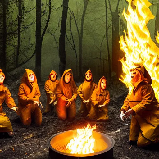 Image similar to a gathering of yellow raincoat wearing cat magicians summon a fire goddess from the depths of a raging fire pit, flames are emerging from fissures in the ground.