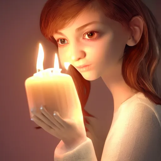 Image similar to A cute feminine girl holding a glowing candle, fragile, soft, vray,Unreal engine 5, hyperdetailed, 3d character, game character