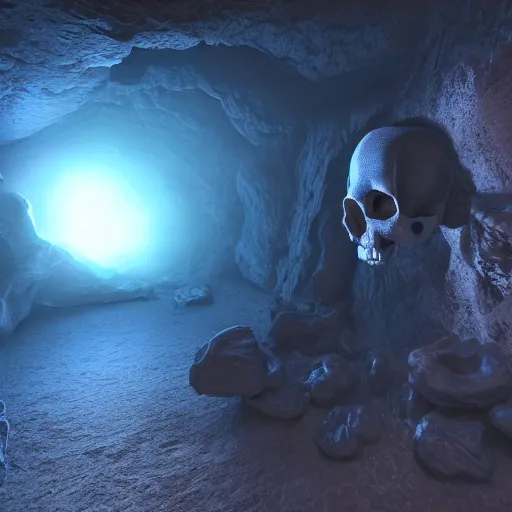 Prompt: a large translucent skull blocking the entrance to a cave emanating a blue glow, subsurface scattering, volumetric lighting, rendered in unreal engine, 3 d volumetric light, caustic reflection, adventure mystery cave