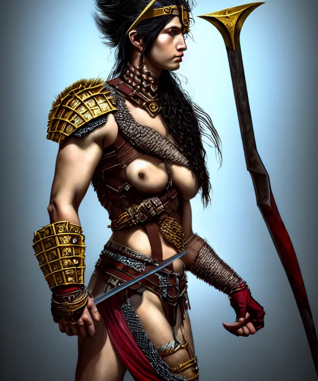 Image similar to hyperrealistic mixed media painting of a beautiful young female barbarian, stunning 3d render inspired art by P. Craig Russell and Barry Windsor-Smith + perfect facial symmetry + dim volumetric lighting, dark black hair, pale skin, ornate crimson armor with gold trim, dizzy, full body, confident heroic pose, arms crossed, d&d, 8k octane beautifully detailed render, post-processing, extremely hyperdetailed, intricate, epic composition, grim yet sparkling atmosphere, cinematic lighting + masterpiece, trending on artstation, very very detailed, masterpiece, stunning