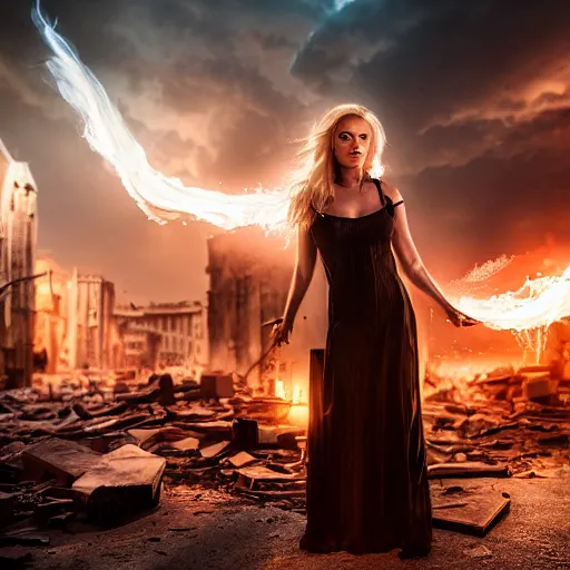 Image similar to beautiful blond sorceress girl casting a spell, in a destroyed city, moody lighting, 8 k, shallow depth of field, cinematic lighting,