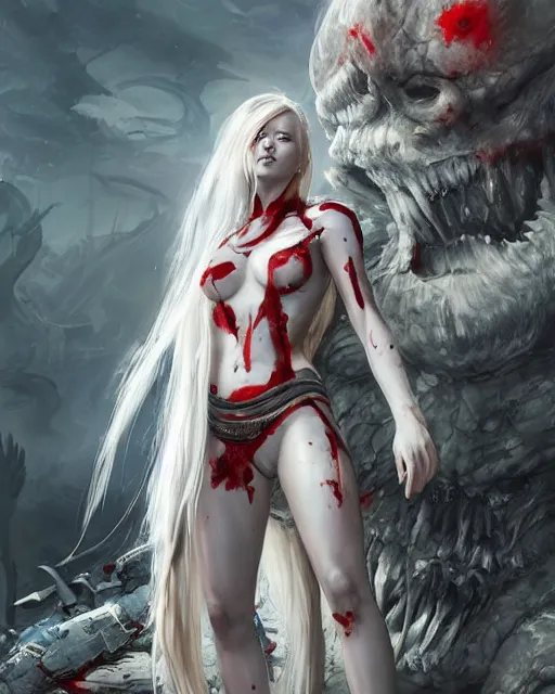 Image similar to lee jin - eun with white long hair in high - end damaged battle suit emerging from pool of blood in god of war 4 game set in ancient italy by peter andrew jones and conrad roset, rule of thirds, seductive look, beautiful