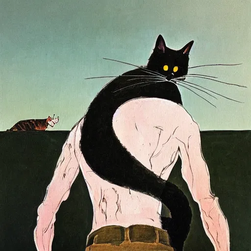 Prompt: a detailed painting of a man with a cat on his back by gerald scarfe and ralph steadman