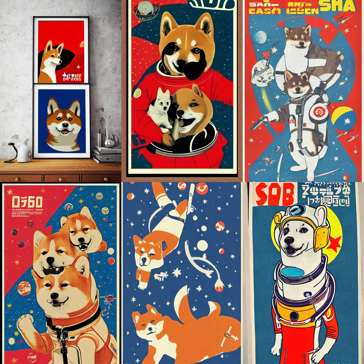 Prompt: Shiba Inu cosmonaut portrait, happy doge, 60s poster, 1968 Soviet Japanese