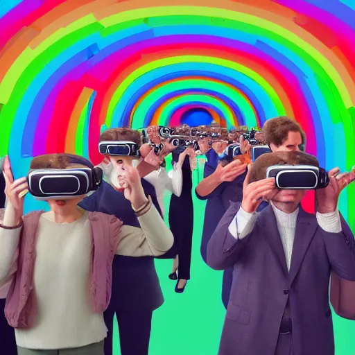 Prompt: A fine art painting of a group of people in a room full of spheres, the people are wearing pale pink clothing and each wearing a Vr headset. Each person is connected to another person by a rainbow that emits from each Vr headset. In the style of Wes Anderson and Biblical paintings
