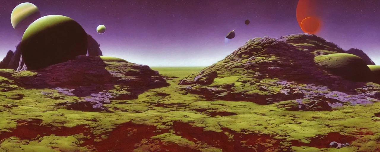 Image similar to outer planet landscape by roger dean, [ cinematic, epic, opening shot, establishing, mattepainting, 4 k ]