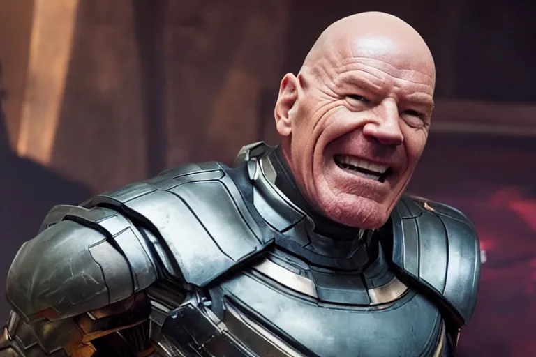 Prompt: promotional image of bald Bryan Cranston as Thanos in Avengers: Endgame (2019), dynamic action shot, laughing, movie still frame, promotional image, imax 70 mm footage