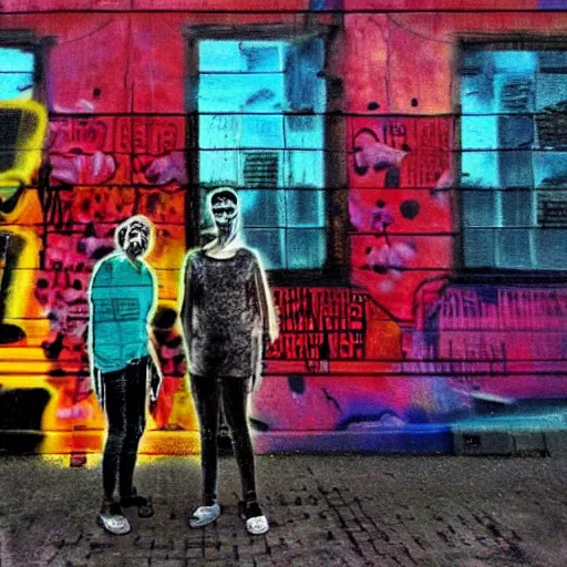 Prompt: a couple of people standing in front of a building, graffiti art by andre de krayewski, featured on flickr, crayon art, dystopian art, multiple exposure, glitch art