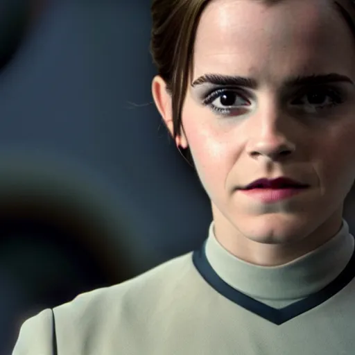 Image similar to Emma Watson in Star Trek, XF IQ4, f/1.4, ISO 200, 1/160s, 8K, Sense of Depth, color and contrast corrected, edited, Dolby Vision, symmetrical balance, in-frame